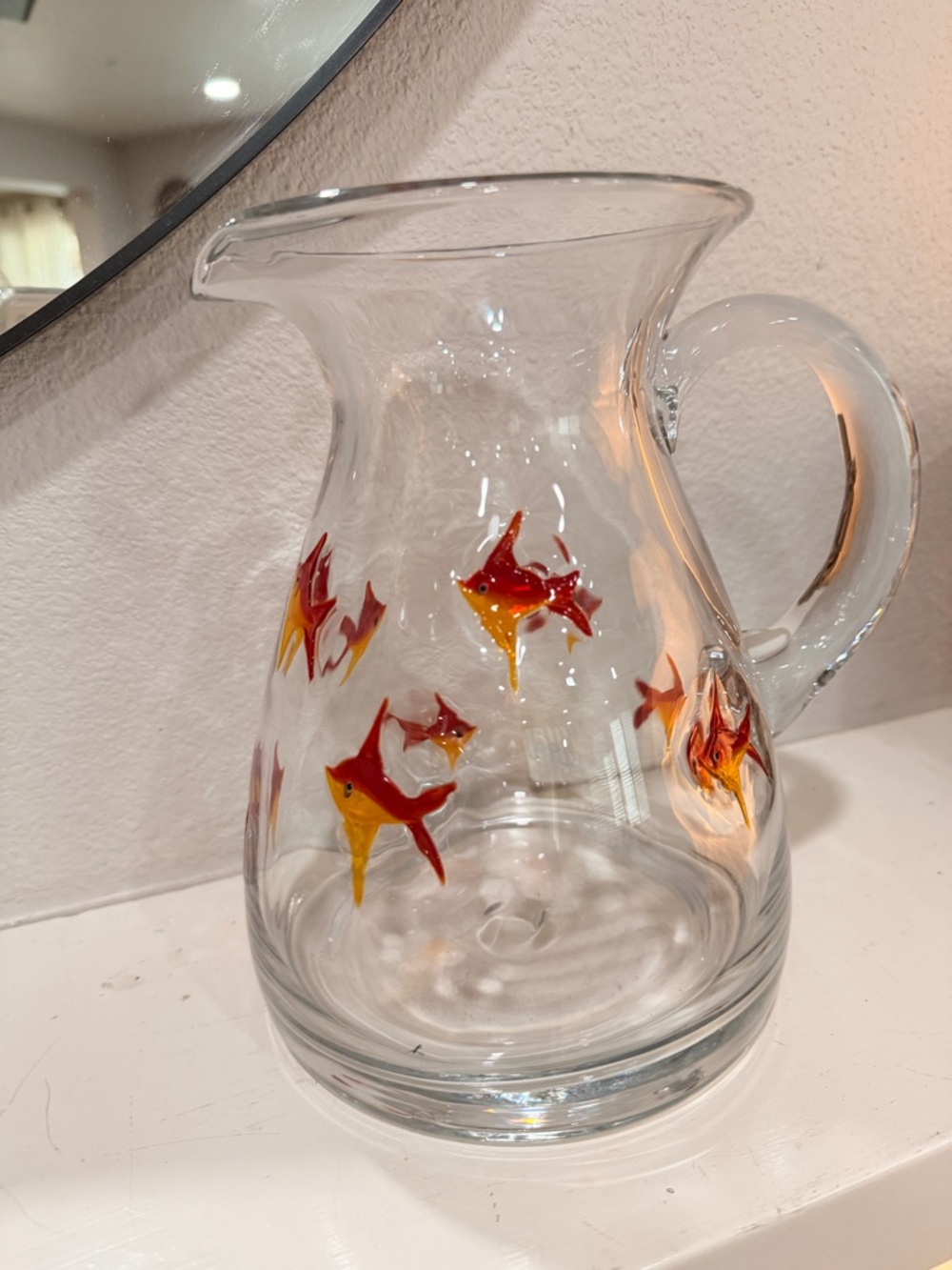 Hand Blown Art Glass Fish Pitcher Murano Style Orange Red